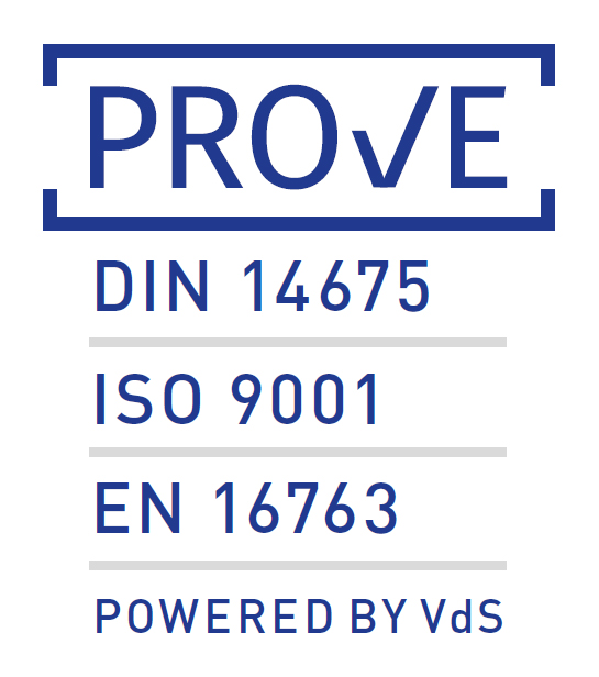 Logo Prove DIN 14675, ISO 9001, EN 16763